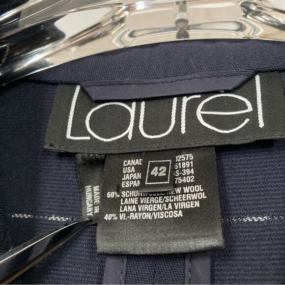 Laurel by Escada Blazer Women 42 Wool Blend Navy‎ Blue Windowpane Plaid Jacket - Picture 8 of 10